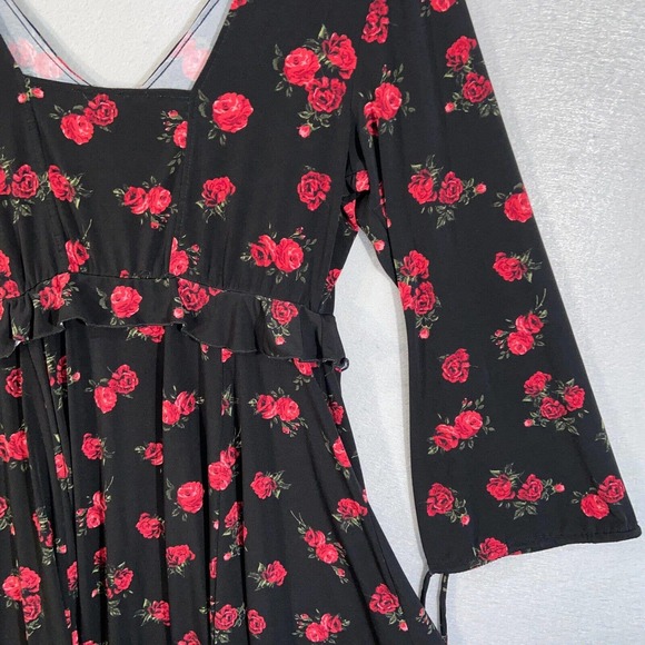 Torrid Dress Womens 0 Black Red Floral Ruffle V Neck Long Sleeve Casual - Picture 13 of 15